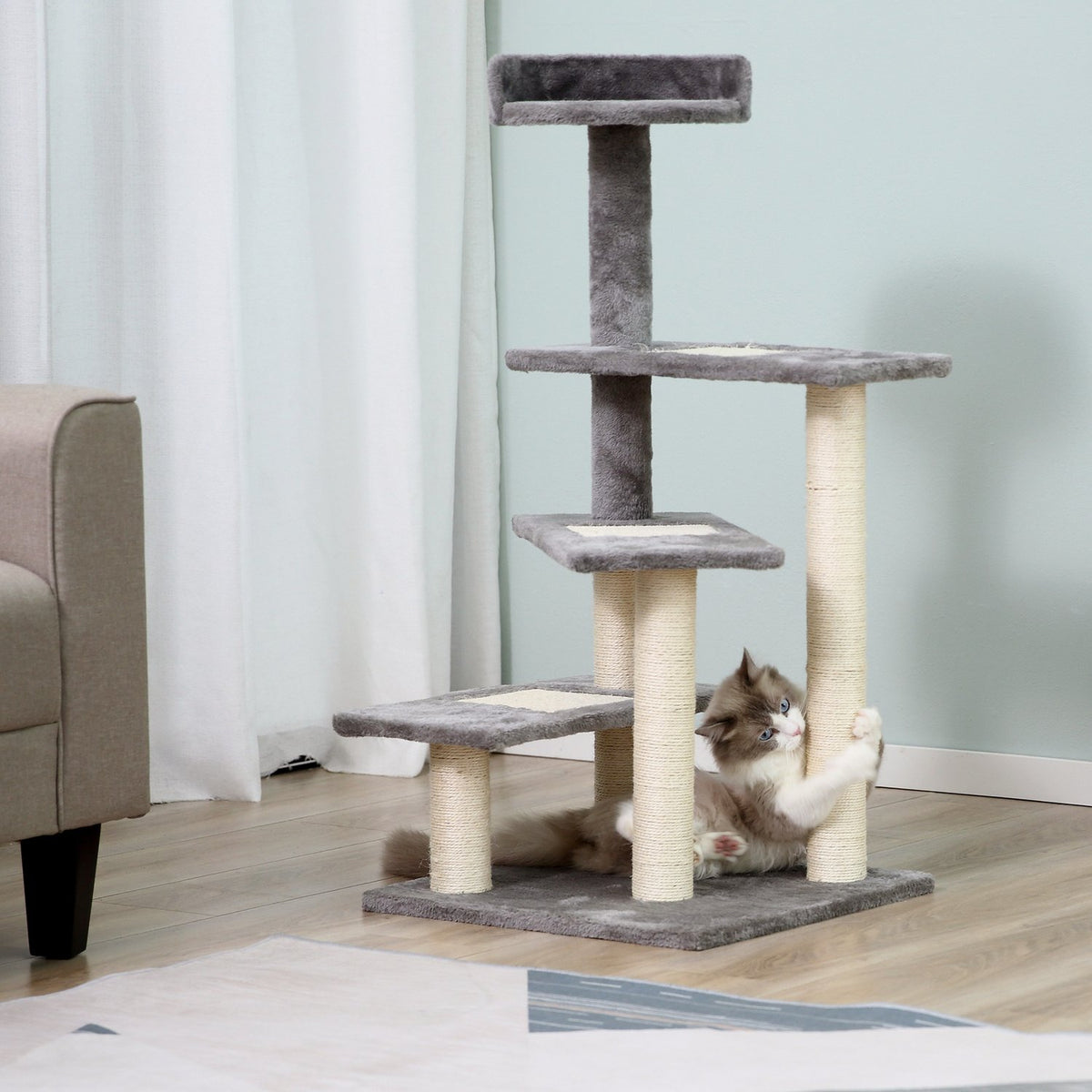 Climbing Tree For Cats Play & Scratching Post With Stairs, 5 Levels, Beige/Grey, 48X48X99.5Cm