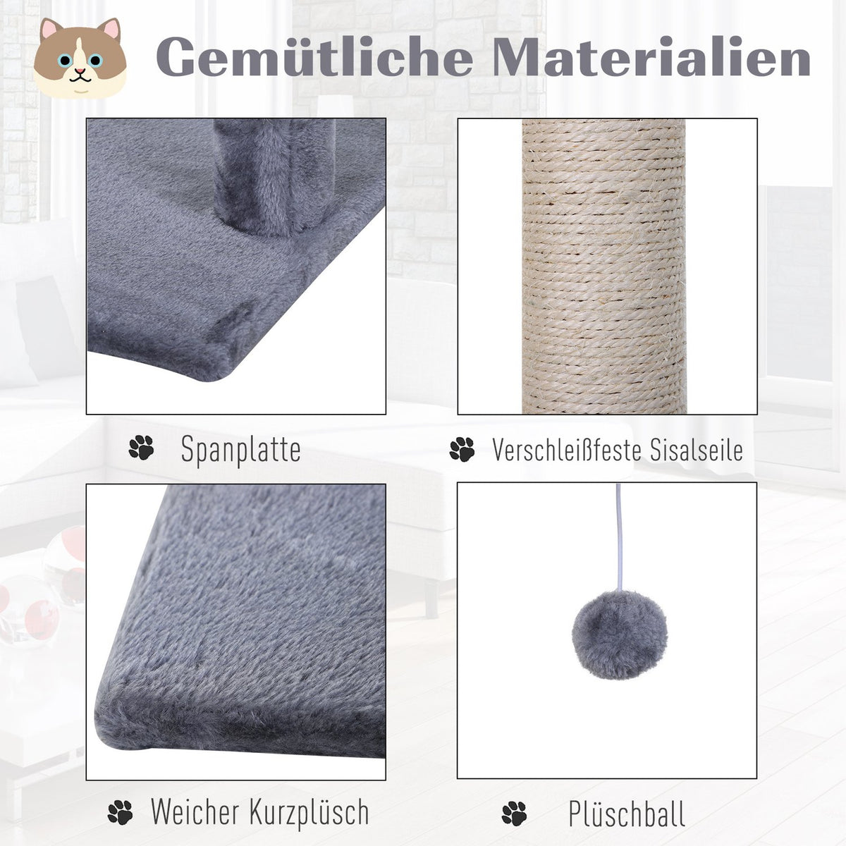 Climbing Tree Gray Cat Tree Scratching Post With Sisal Column & Plush Hammock, 50X36X70Cm