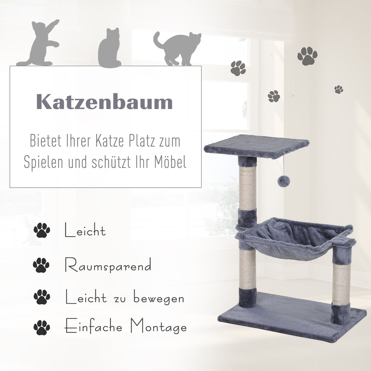 Climbing Tree Gray Cat Tree Scratching Post With Sisal Column & Plush Hammock, 50X36X70Cm
