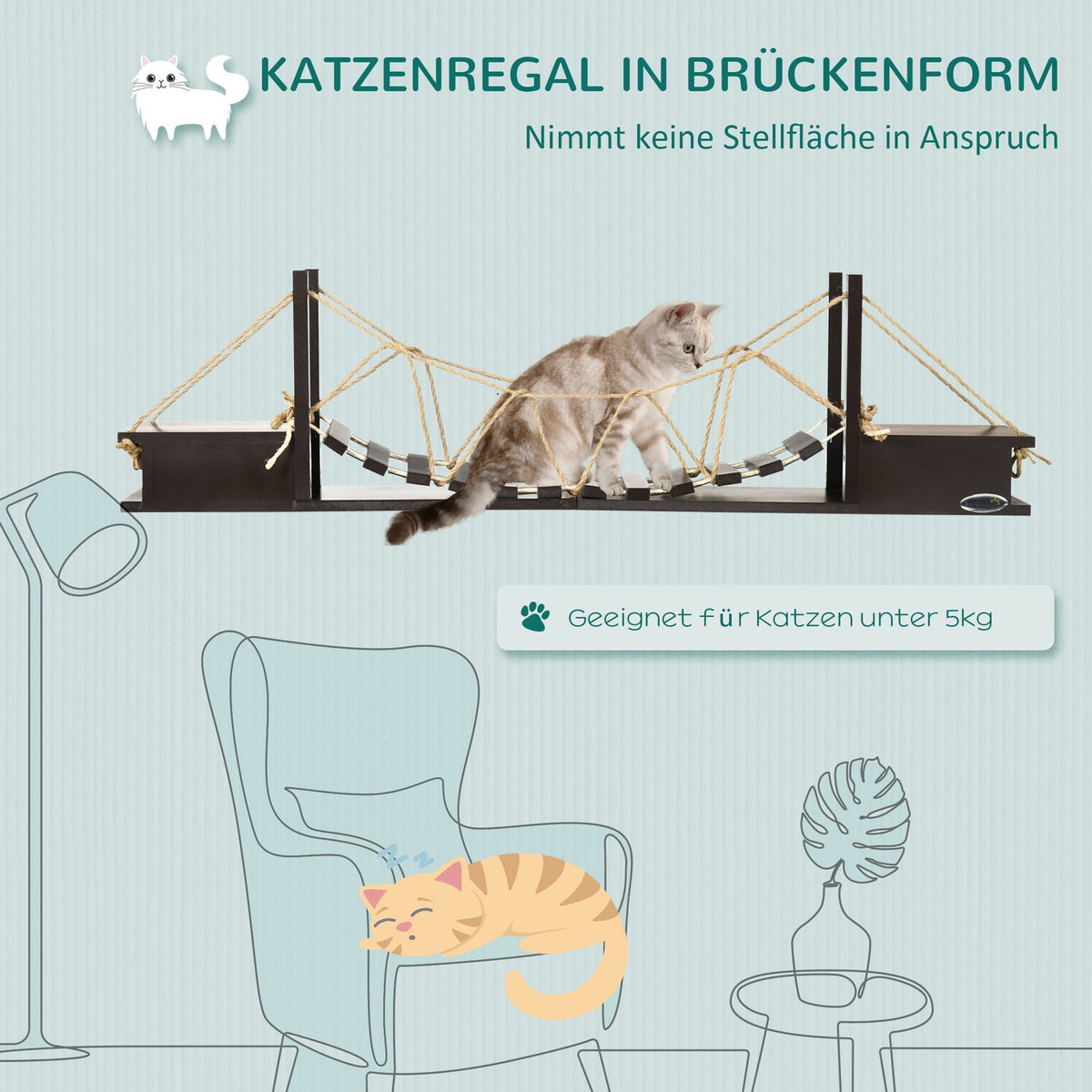 Climbing Wall For Cats Wall Scratching Post With Suspension Bridge, Up To 5 Kg, Wall Mounted, Brown, 96X20X25.5 Cm
