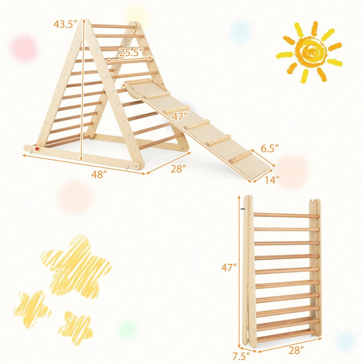 Climbing triangle with ladder. Foldable climbing frame, rung triangle for development in nature