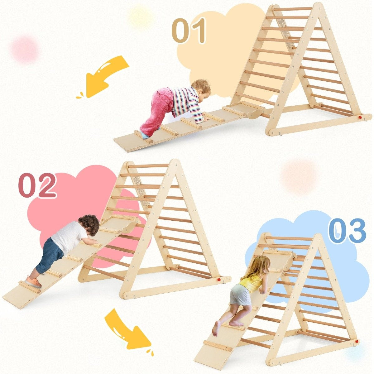 Climbing triangle with ladder. Foldable climbing frame, rung triangle for development in nature