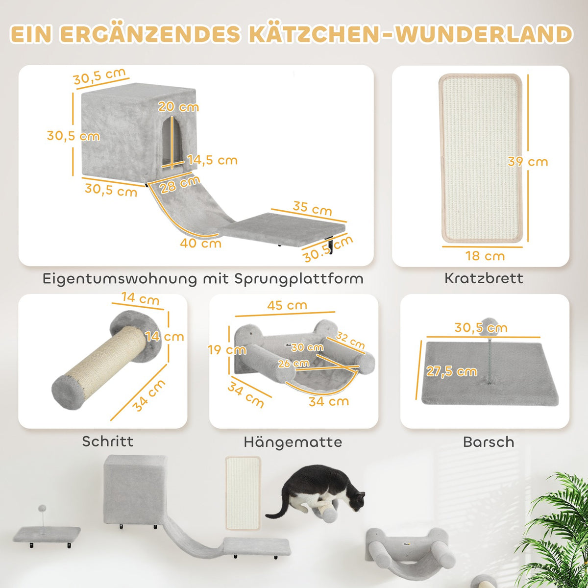Climbing wall for cats 6-piece cat climbing wall set with cat house, hammock, platform and scratching board grey