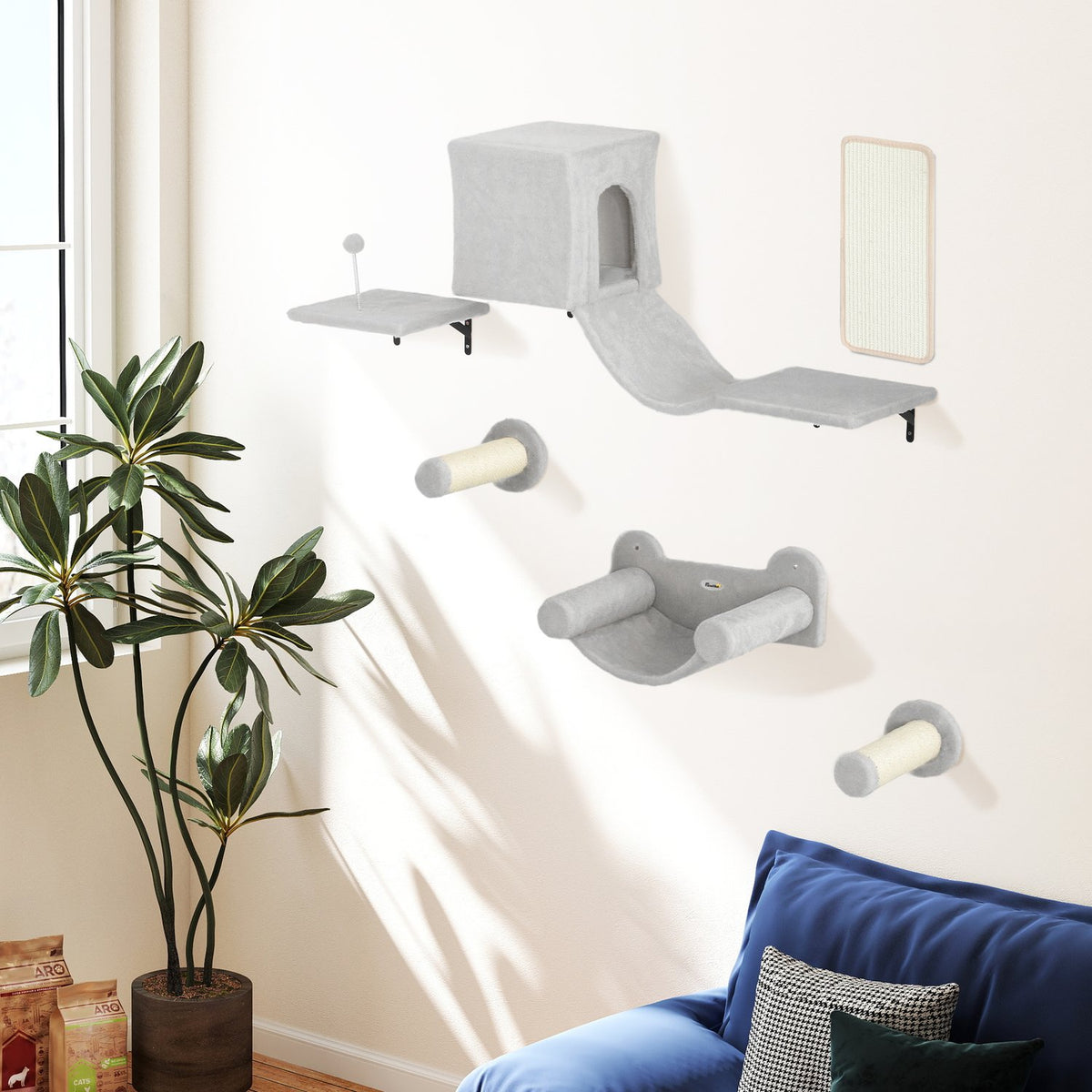 Climbing wall for cats 6-piece cat climbing wall set with cat house, hammock, platform and scratching board grey