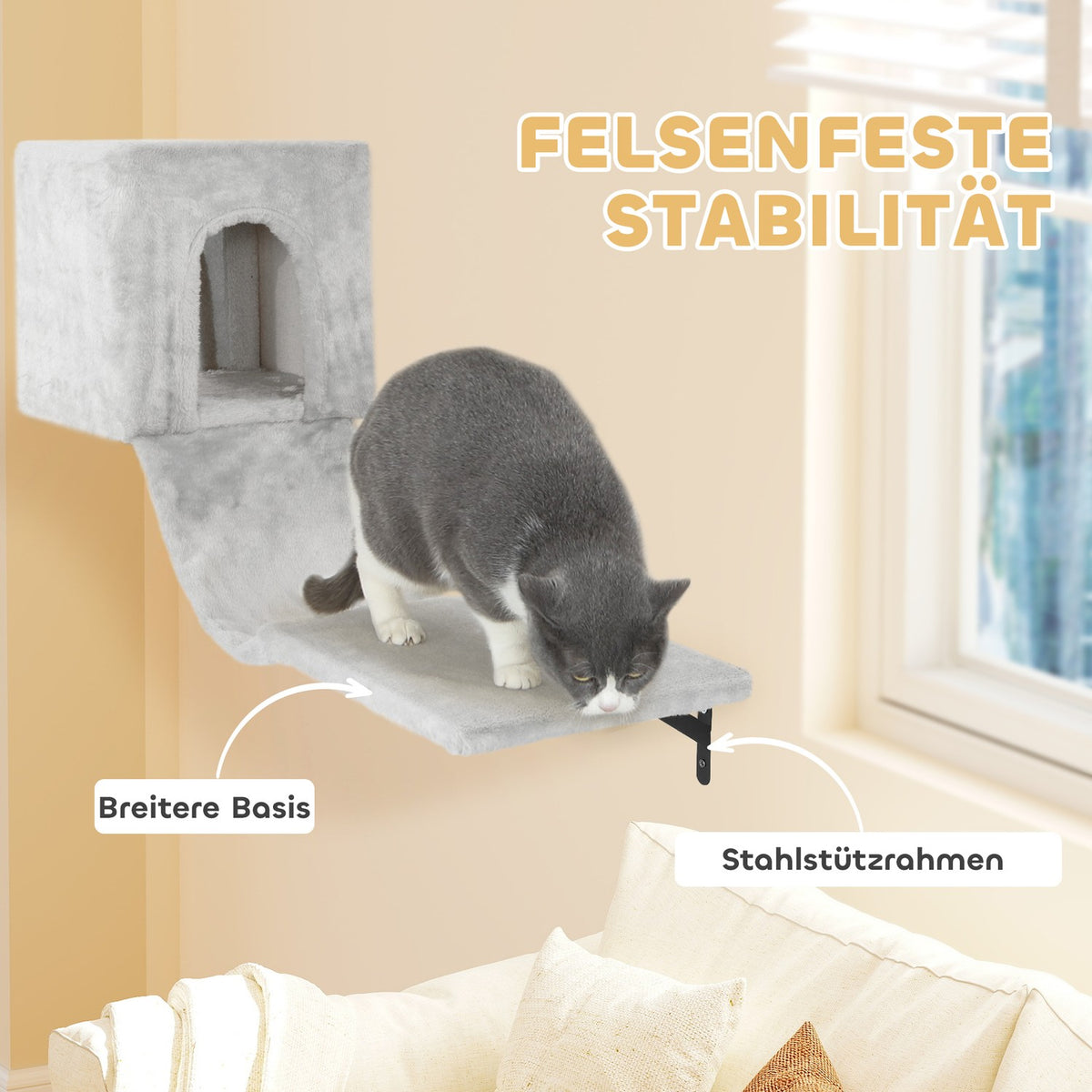 Climbing wall for cats 6-piece cat climbing wall set with cat house, hammock, platform and scratching board grey
