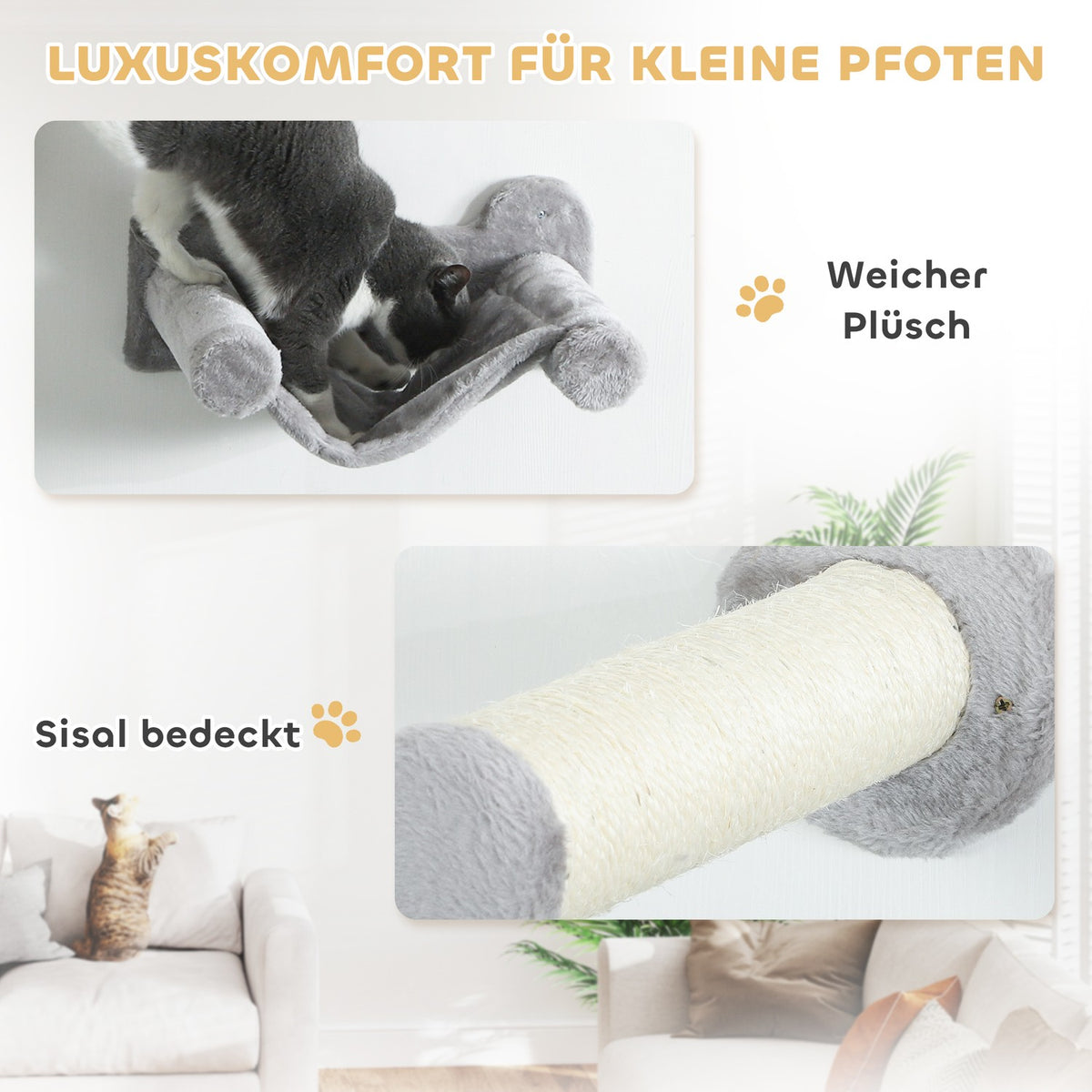 Climbing wall for cats 6-piece cat climbing wall set with cat house, hammock, platform and scratching board grey