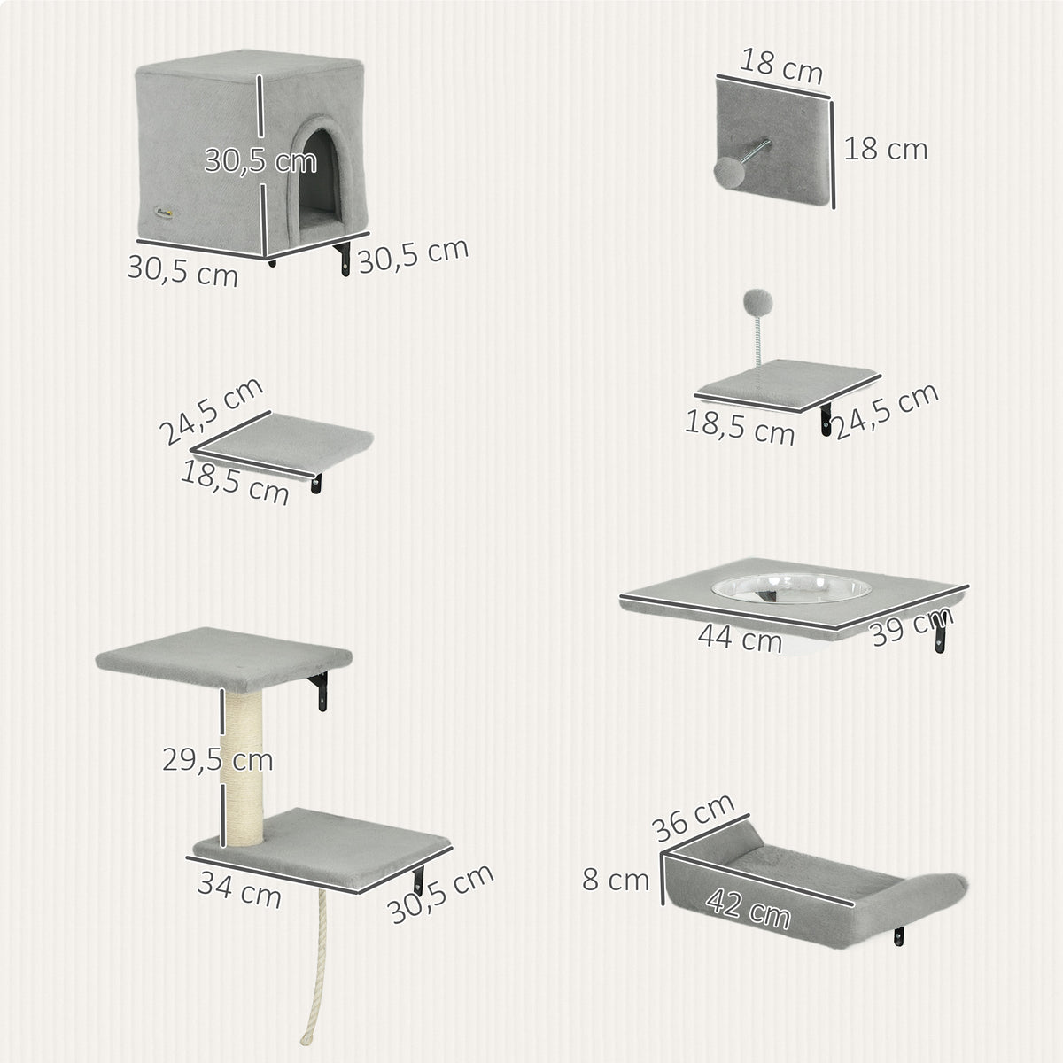Climbing wall for cats 7-piece cat climbing wall set with cat house, platform, platform gray