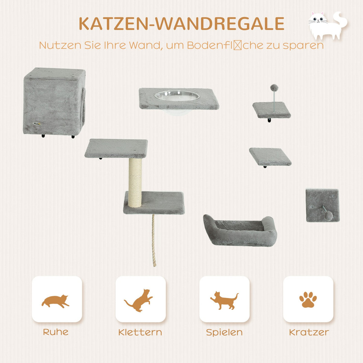 Climbing wall for cats 7-piece cat climbing wall set with cat house, platform, platform gray