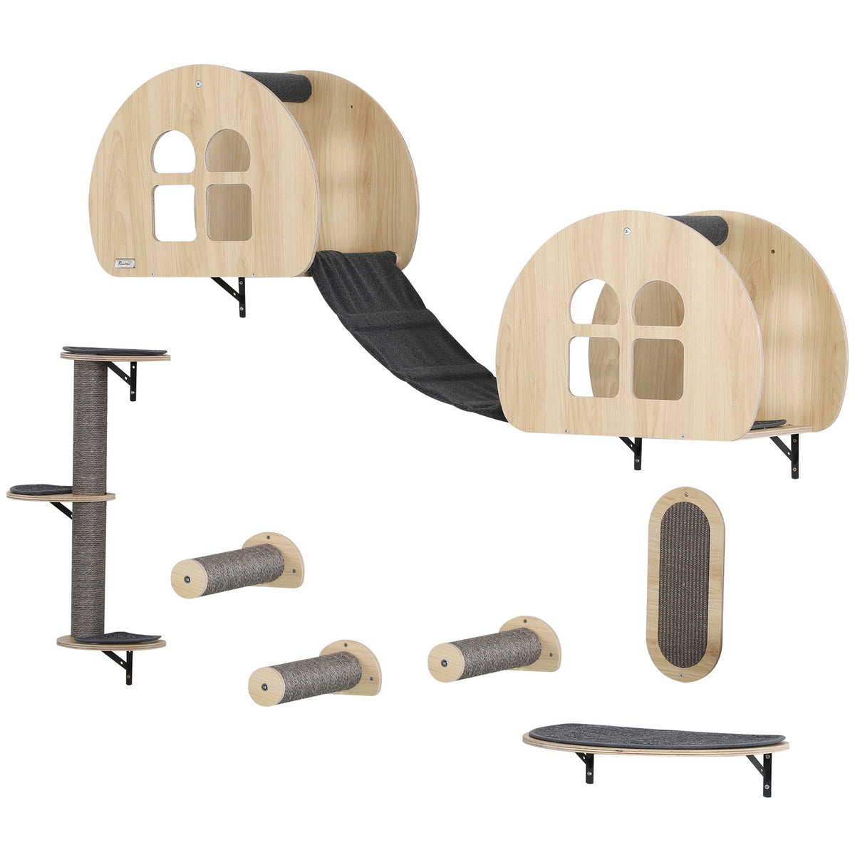 Climbing wall for cats 7-piece cat climbing wall set with sisal post ladder, platform scratching post grey