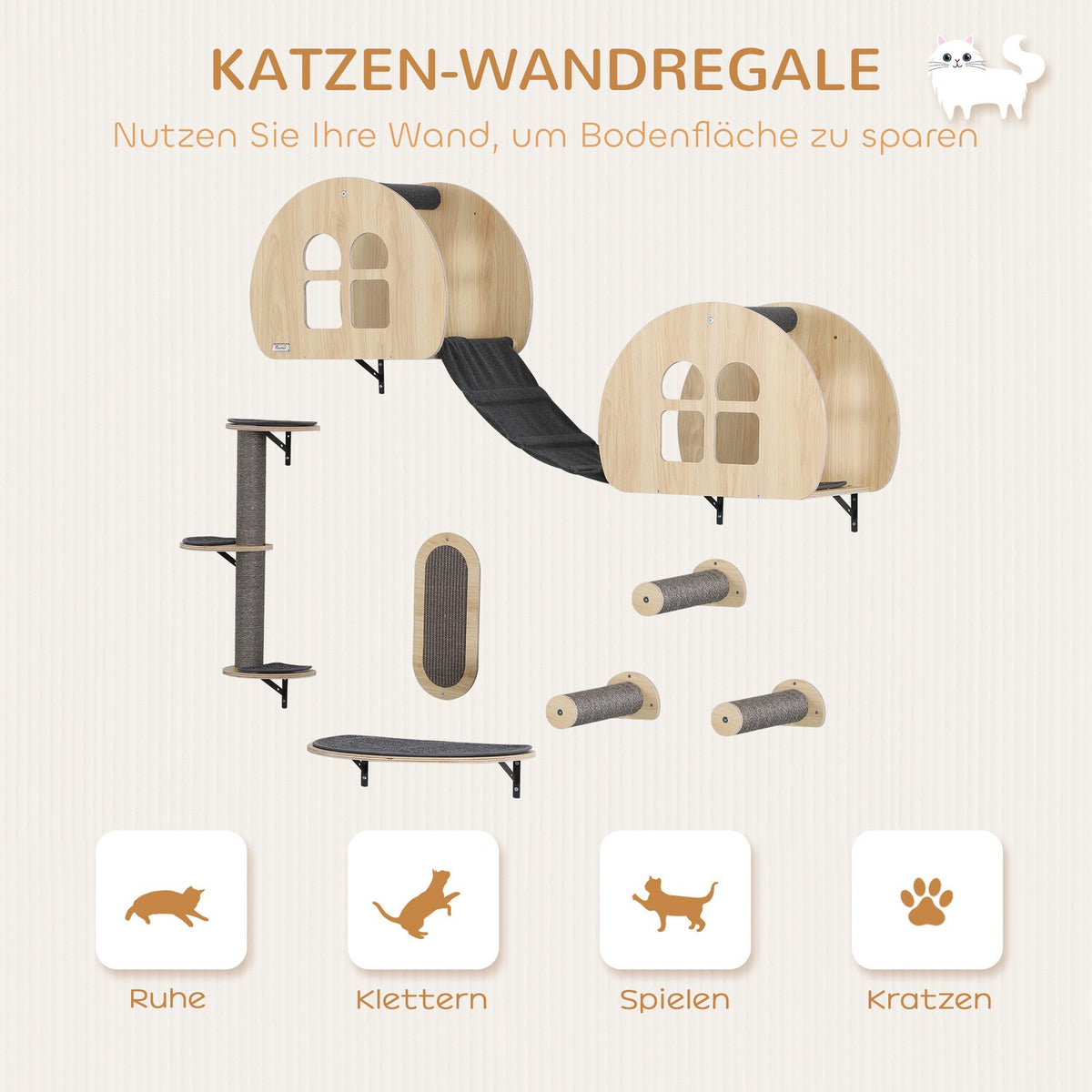 Climbing wall for cats 7-piece cat climbing wall set with sisal post ladder, platform scratching post grey