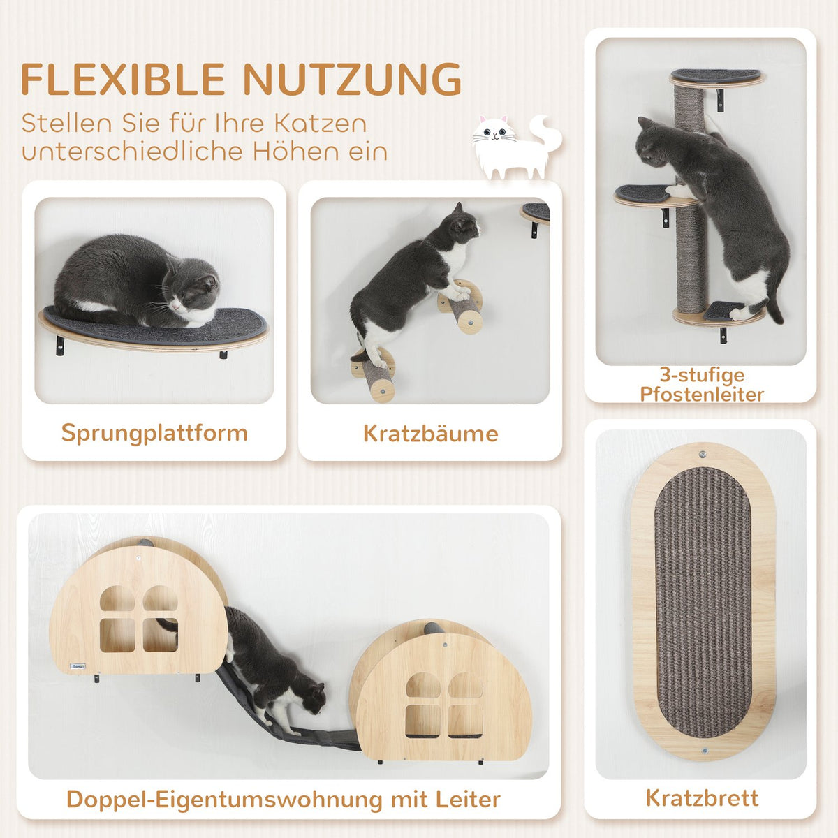 Climbing wall for cats 7-piece cat climbing wall set with sisal post ladder, platform scratching post grey