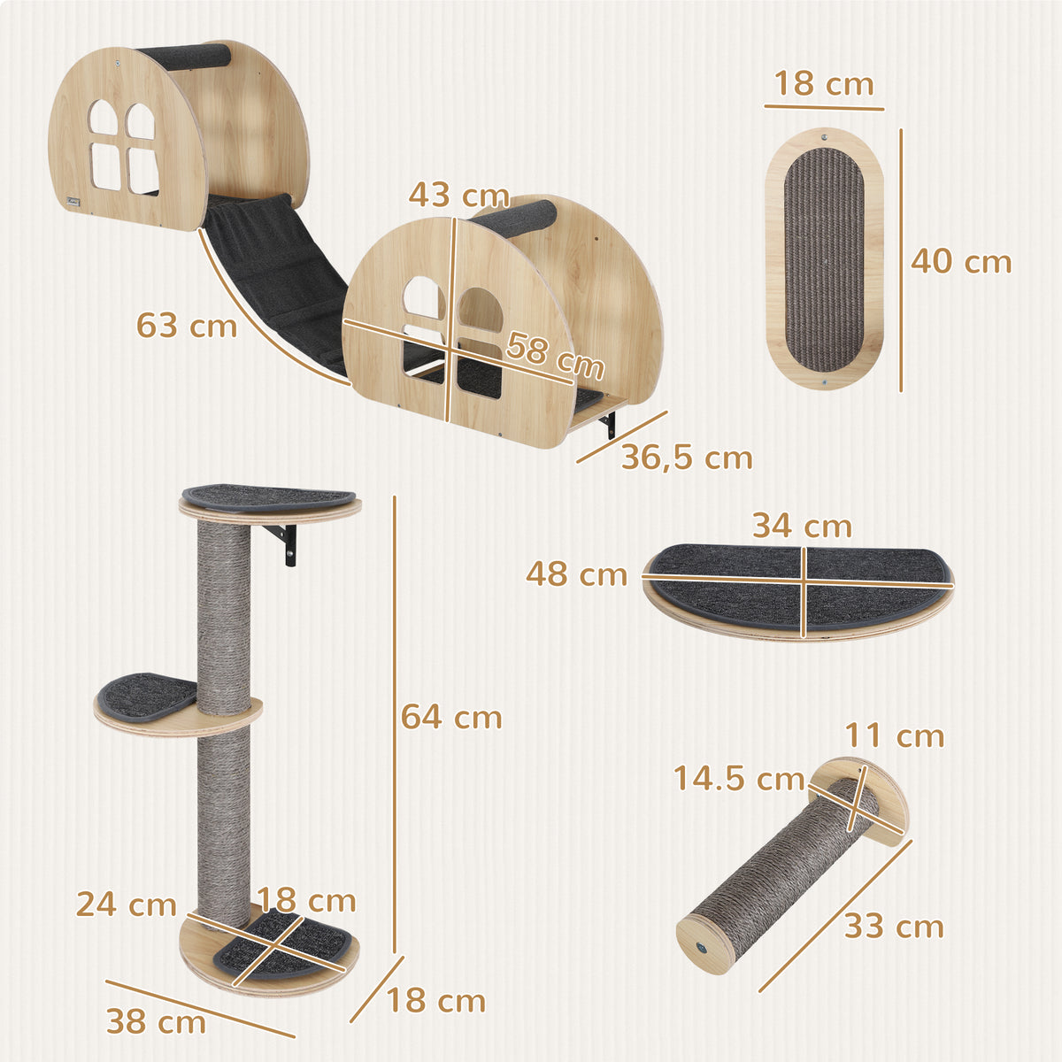 Climbing wall for cats 7-piece cat climbing wall set with sisal post ladder, platform scratching post grey