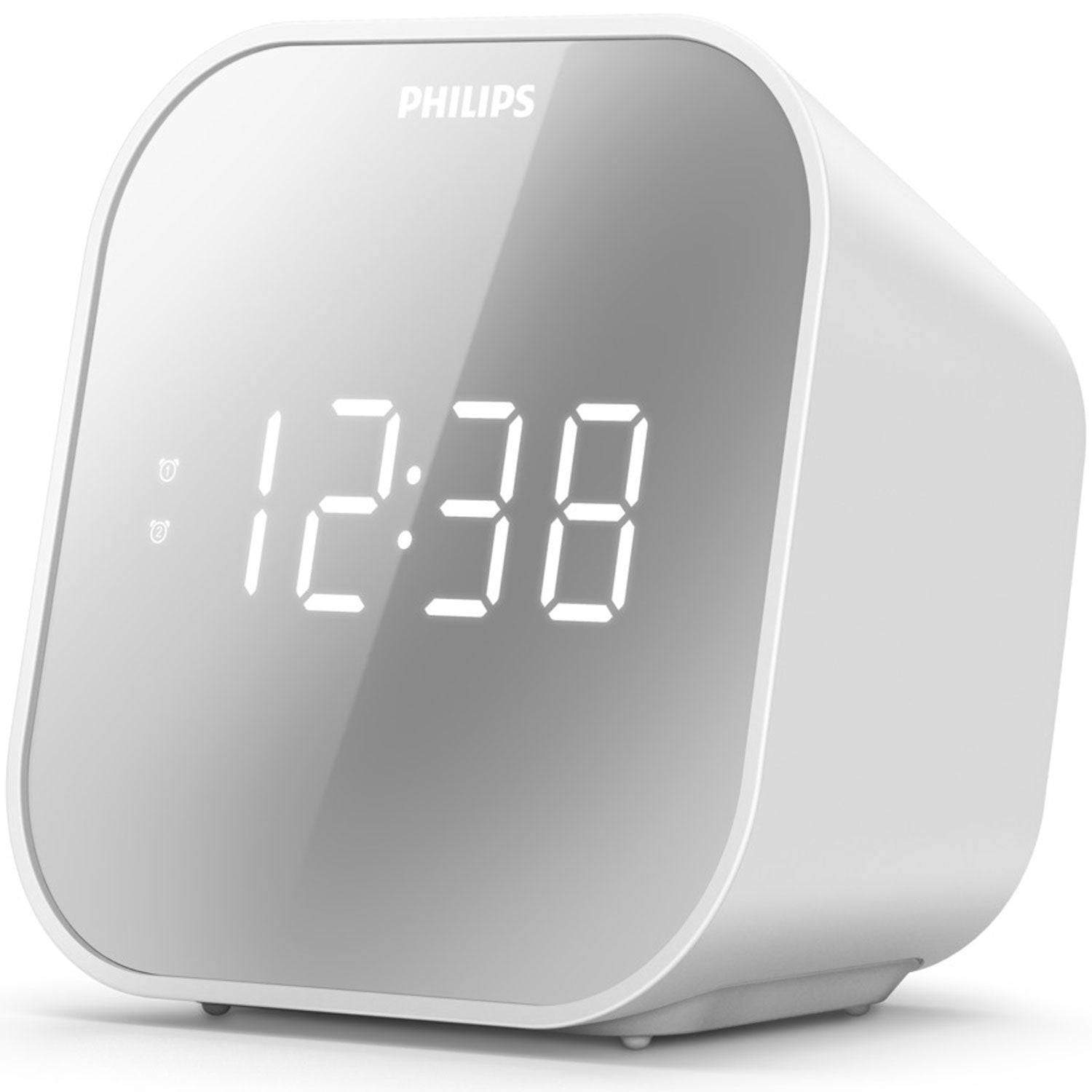 Clock radio with mirror-finish front. Digital FM receiver. USB output for mobile charging