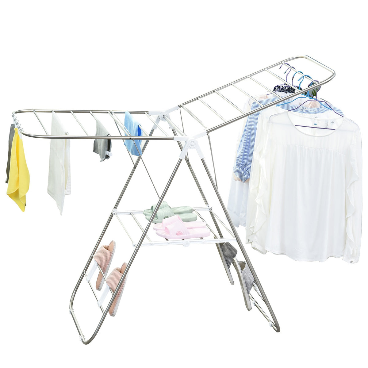 Clothes Airer Foldable Portable Wing Dryer Telescopic Rods Stainless Steel Plastic Silver + White 146X60.5X98Cm