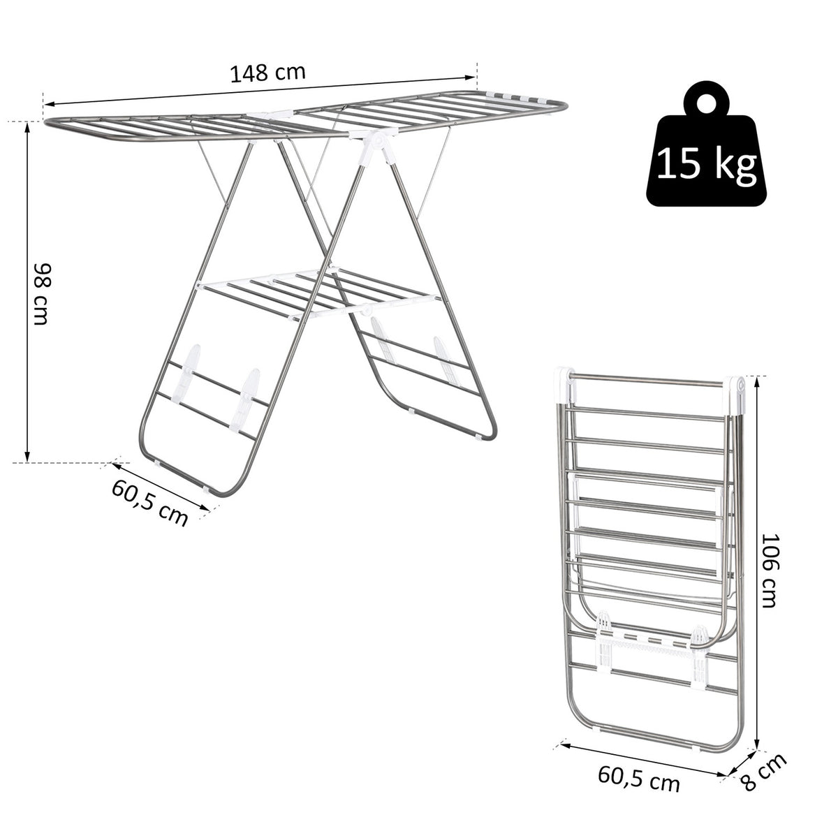Clothes Airer Foldable Portable Wing Dryer Telescopic Rods Stainless Steel Plastic Silver + White 146X60.5X98Cm