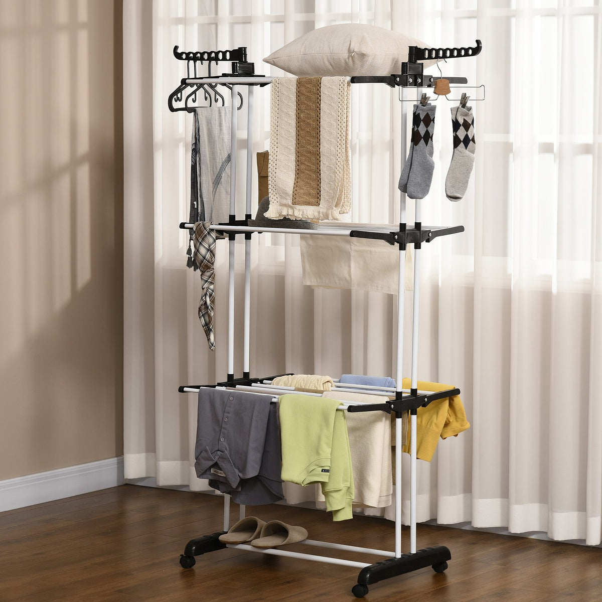 Clothes Airer Tower Clothes Airer With Wheels With 4 Levels Stand Dryer Extendable Laundry Tower Black 73 X 45.5 X 177Cm
