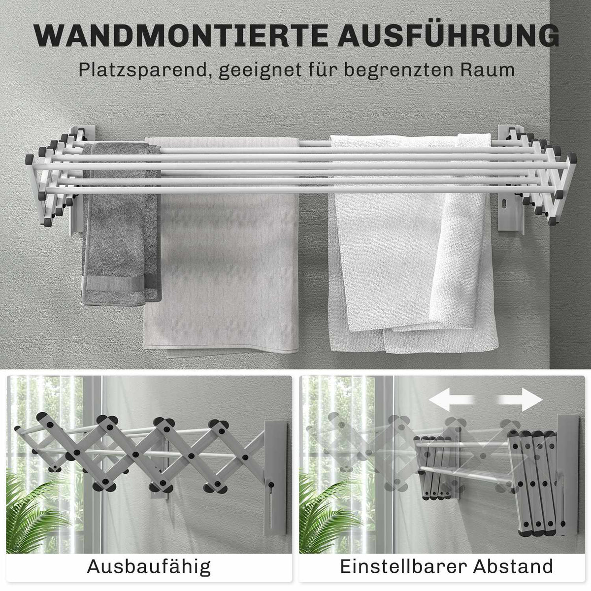 Clothes Airer Wall Extendable Clothes Dryer Wall Mounted with 8 Aluminum Rods, Space-Saving Drying Rack for Indoor and Outdoor Use 86 x 61 x 22 cm, Silver |