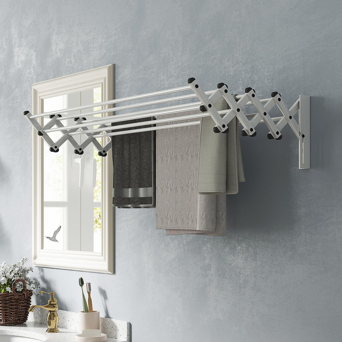 Clothes Airer Wall Extendable Clothes Dryer Wall Mounted with 8 Aluminum Rods, Space-Saving Drying Rack for Indoor and Outdoor Use 86 x 61 x 22 cm, Silver |