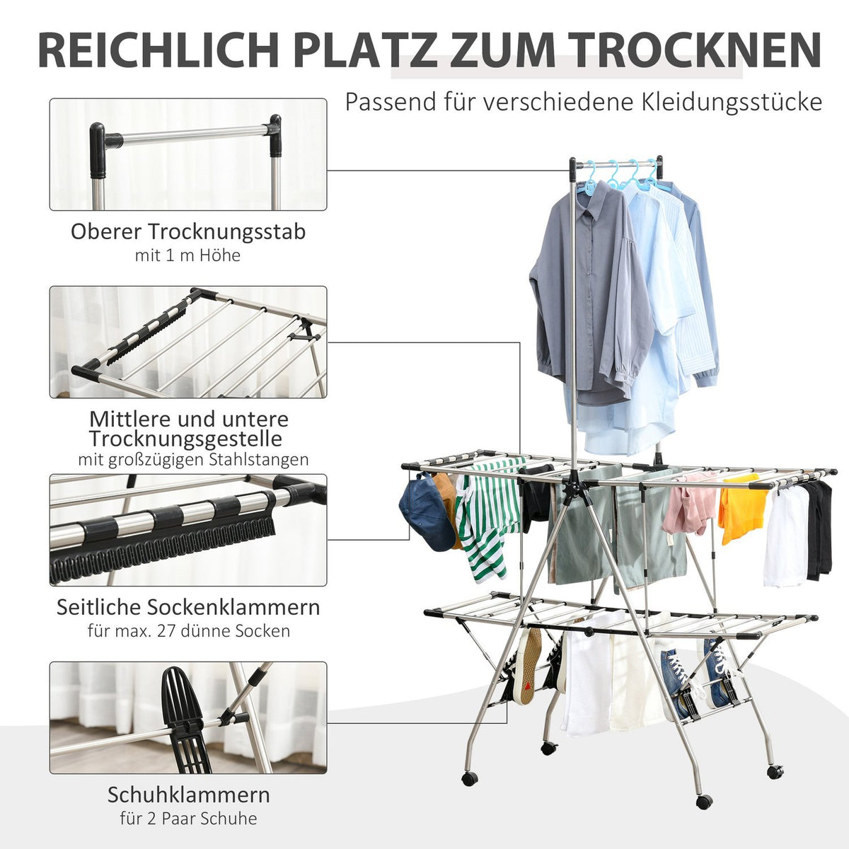 Clothes Airer With Telescopic Rods, Clothes Dryer, Clothes Rack, Stand Dryer, Foldable, Large Drying Room, Stainless Steel, 138.5X63X208Cm