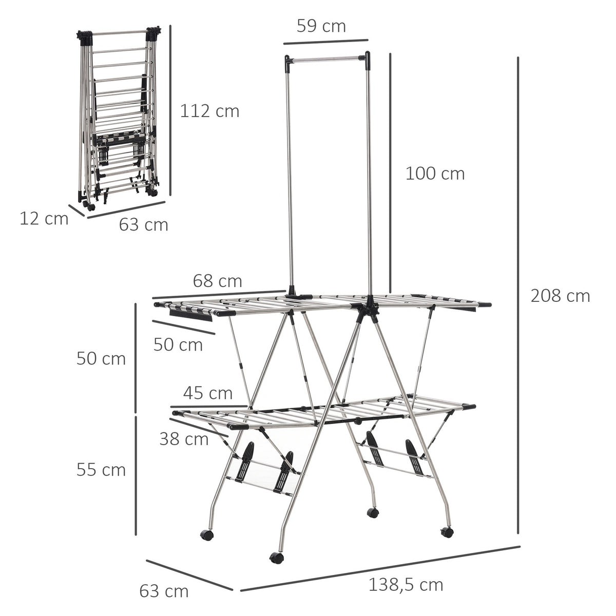 Clothes Airer With Telescopic Rods, Clothes Dryer, Clothes Rack, Stand Dryer, Foldable, Large Drying Room, Stainless Steel, 138.5X63X208Cm