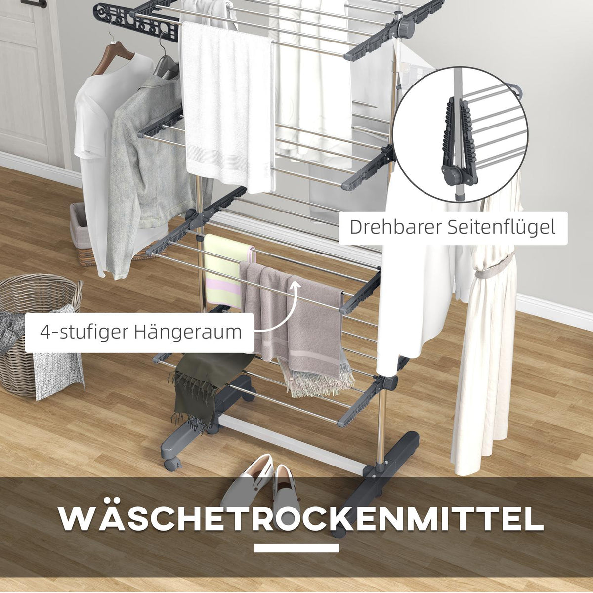 Clothes Airer With Wheels, Clothes Dryer Tower, Stand Dryer With Folding Wing, Laundry Tower For Indoor, Outdoor, Steel