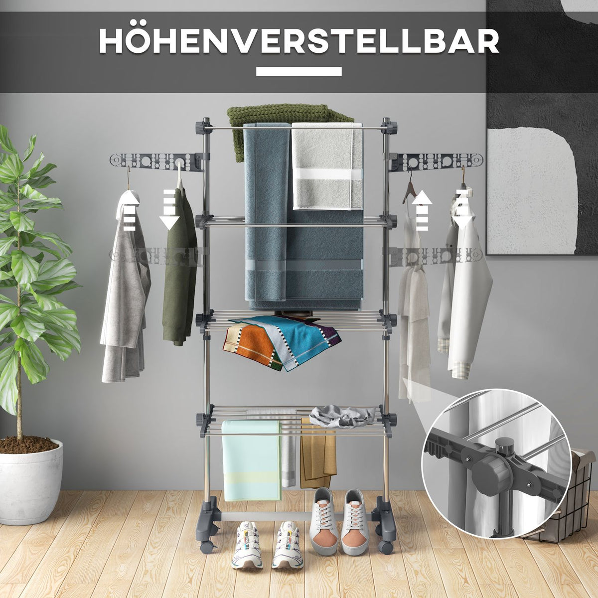 Clothes Airer With Wheels, Clothes Dryer Tower, Stand Dryer With Folding Wing, Laundry Tower For Indoor, Outdoor, Steel