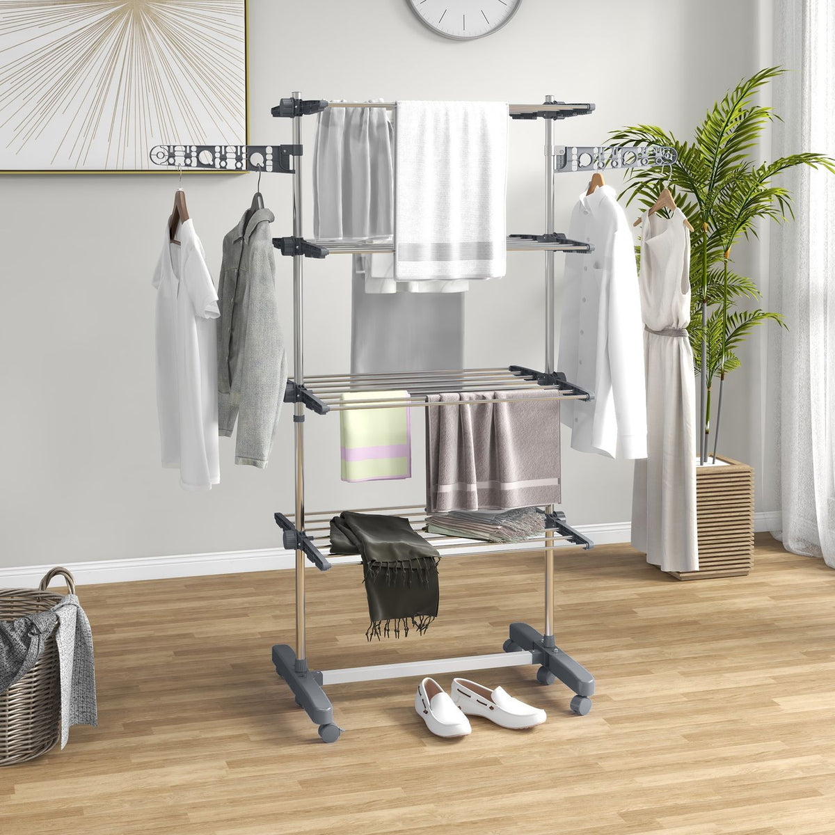 Clothes Airer With Wheels, Clothes Dryer Tower, Stand Dryer With Folding Wing, Laundry Tower For Indoor, Outdoor, Steel
