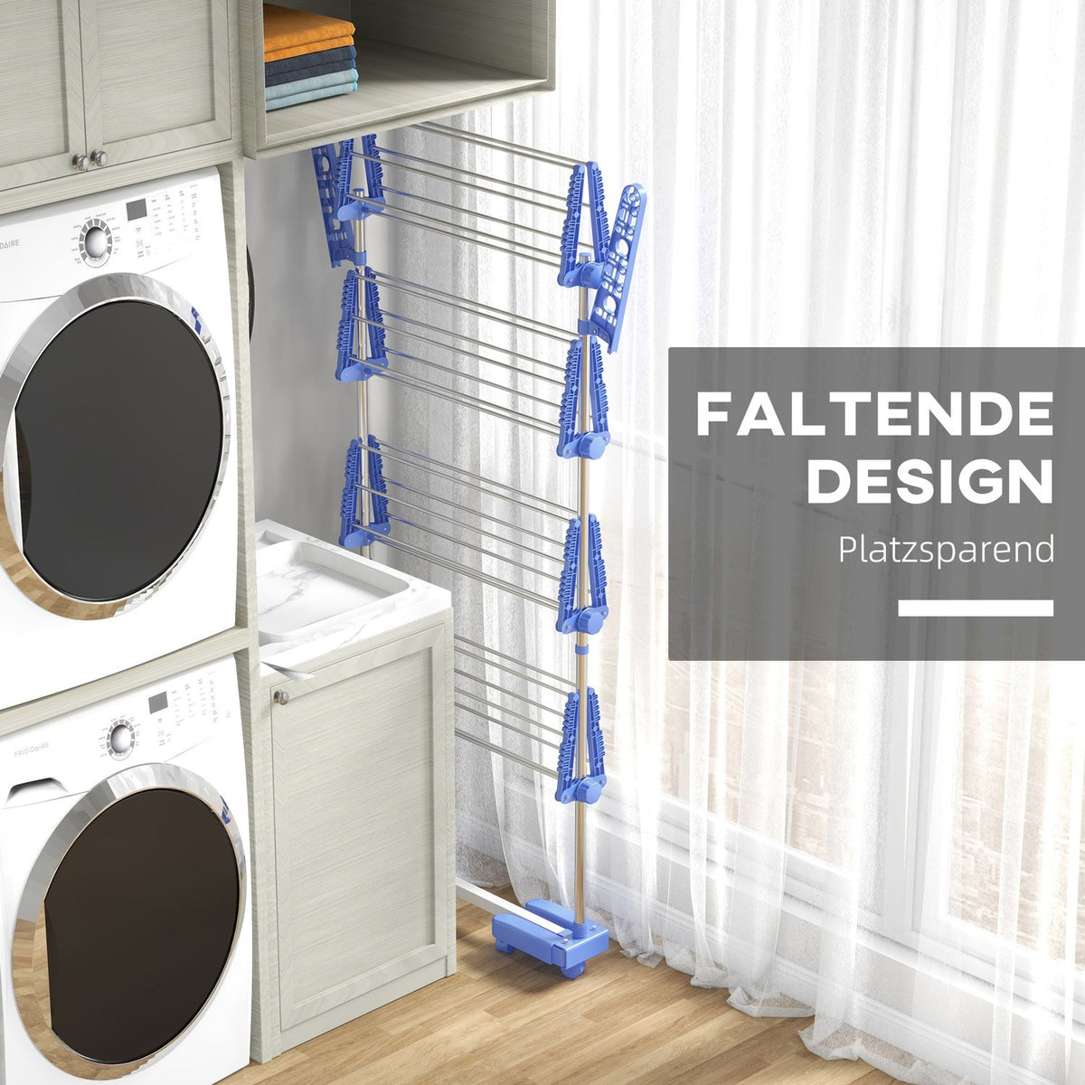 Clothes Airer With Wheels, Clothes Dryer Tower, Stand Dryer With Folding Wing, Laundry Tower, Steel, Blue