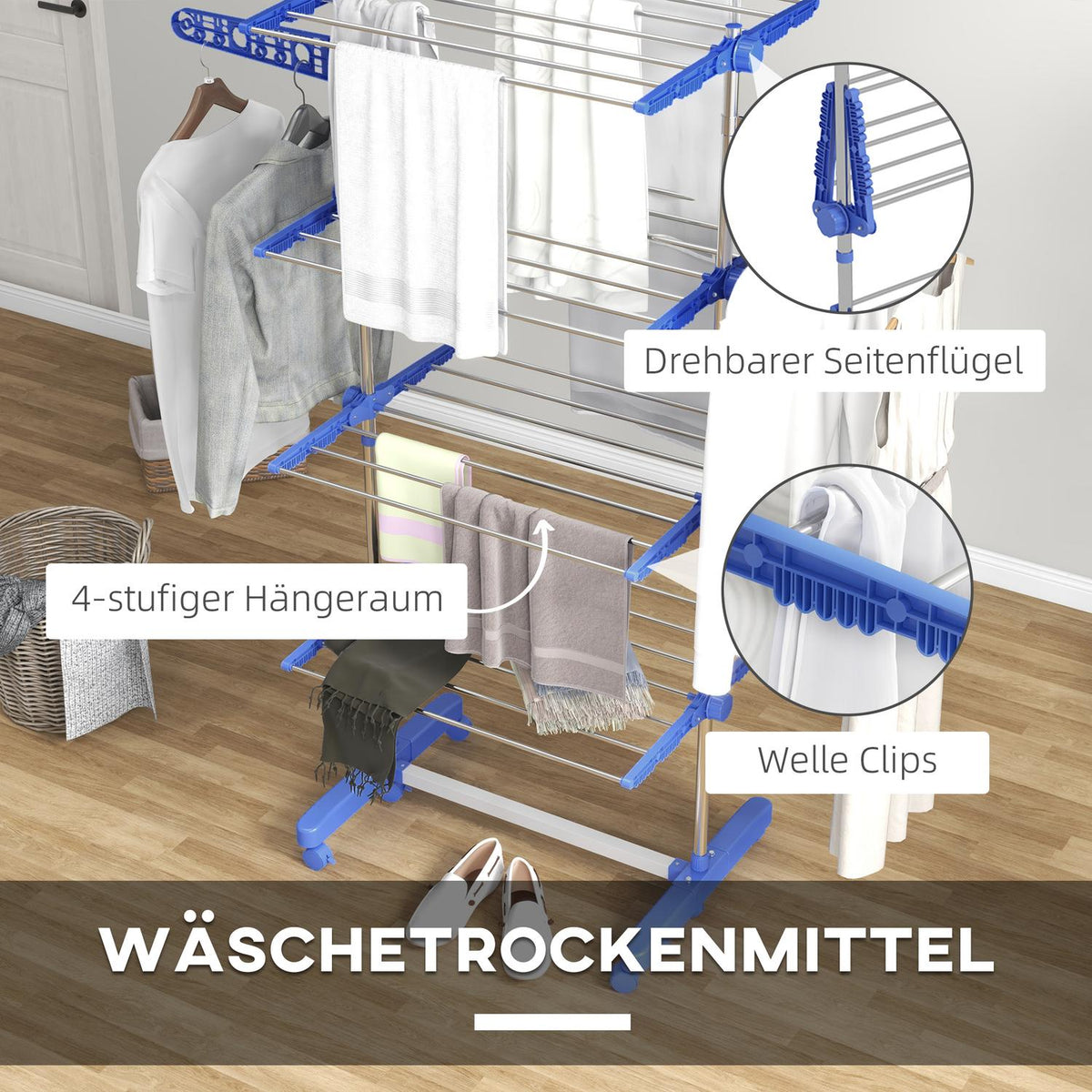 Clothes Airer With Wheels, Clothes Dryer Tower, Stand Dryer With Folding Wing, Laundry Tower, Steel, Blue