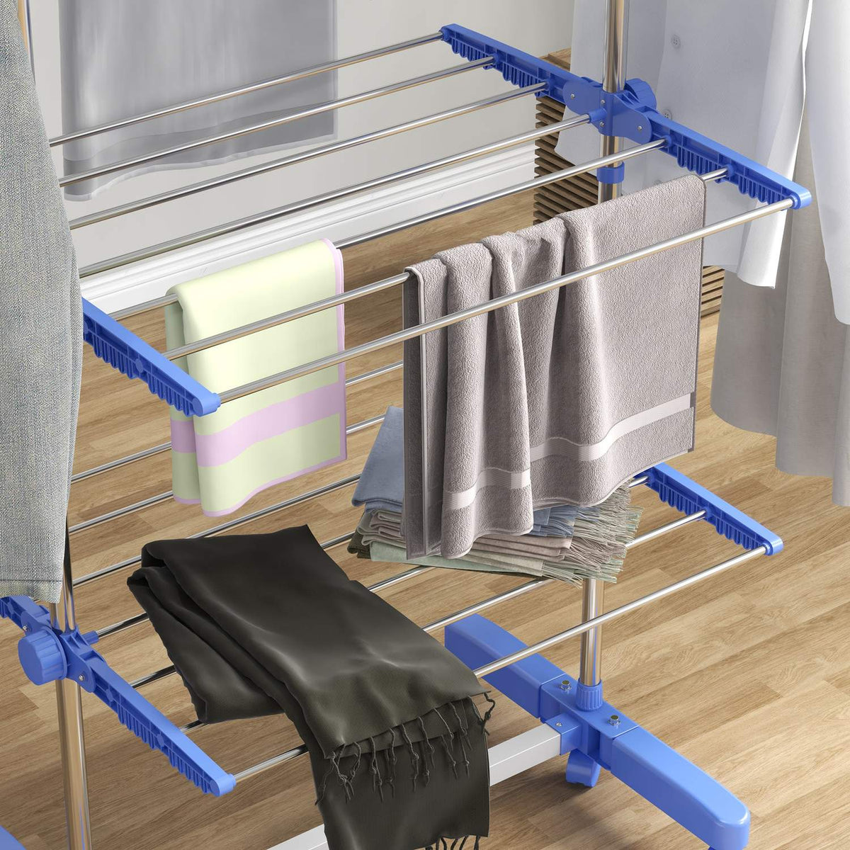 Clothes Airer With Wheels, Clothes Dryer Tower, Stand Dryer With Folding Wing, Laundry Tower, Steel, Blue