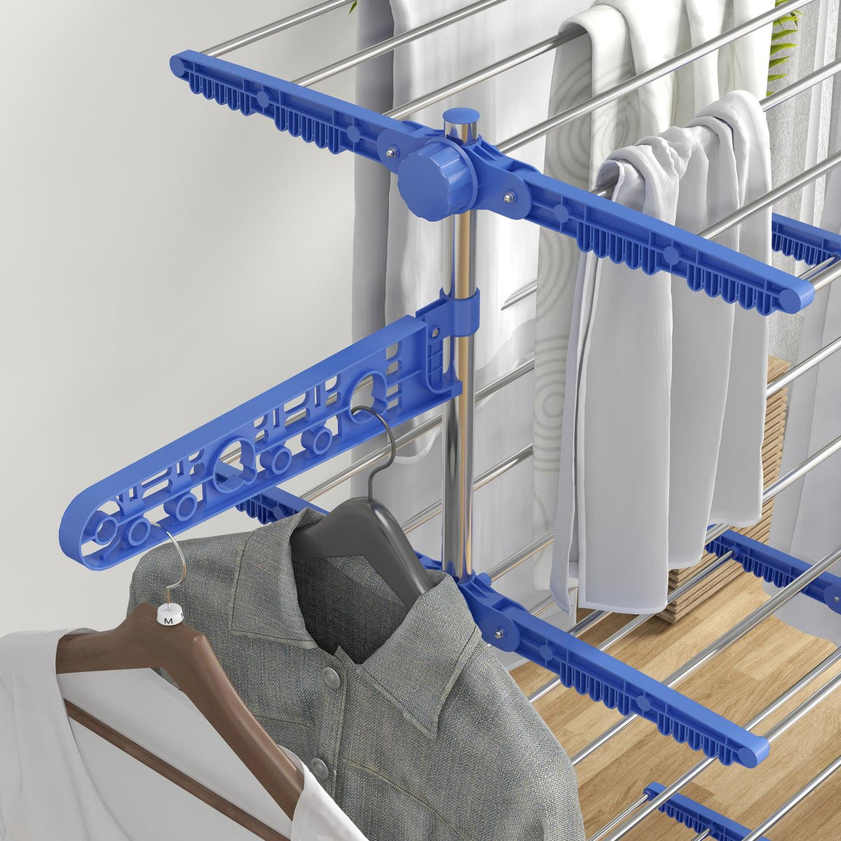 Clothes Airer With Wheels, Clothes Dryer Tower, Stand Dryer With Folding Wing, Laundry Tower, Steel, Blue