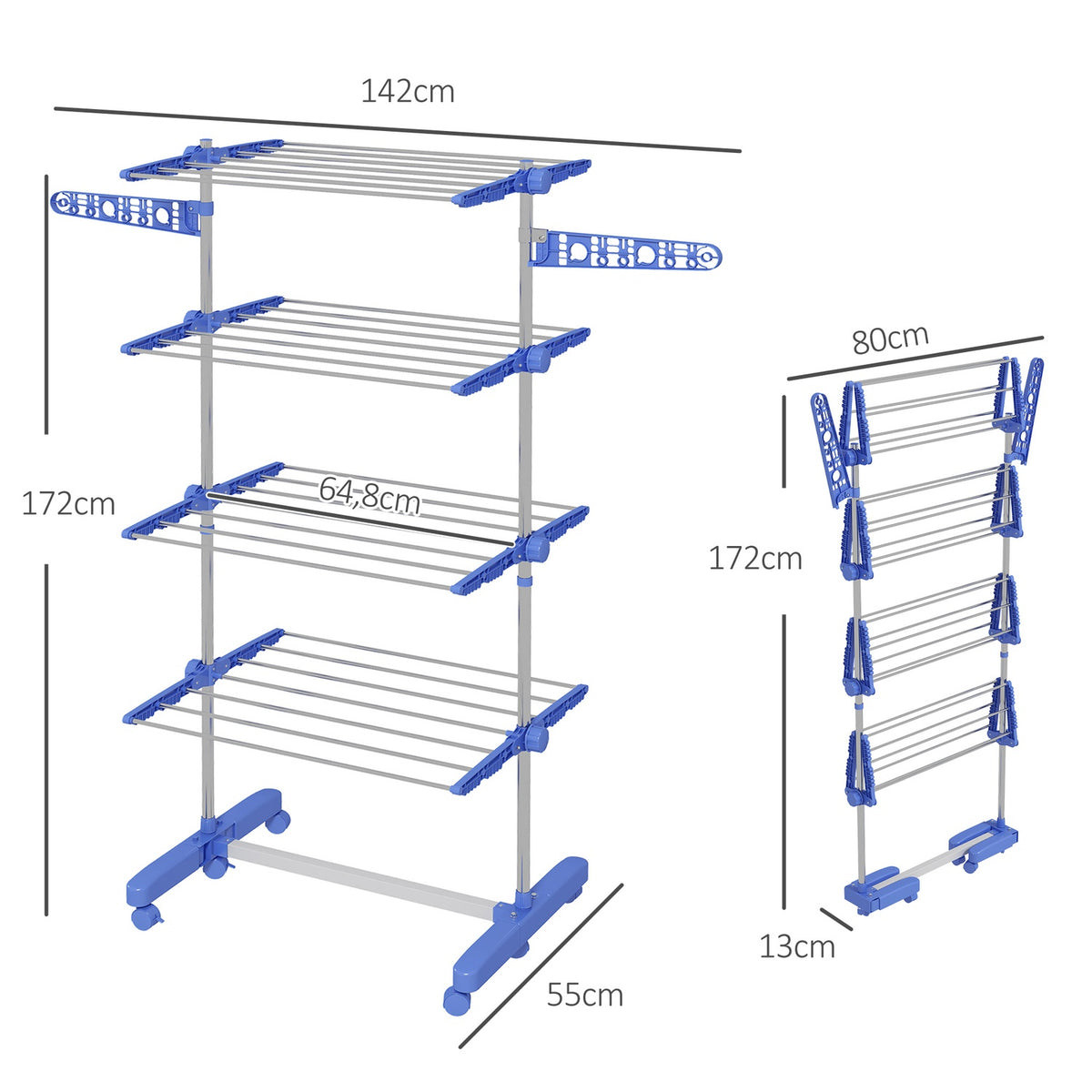 Clothes Airer With Wheels, Clothes Dryer Tower, Stand Dryer With Folding Wing, Laundry Tower, Steel, Blue