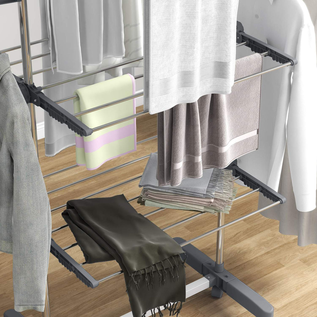 Clothes Dryer Tower Clothes Airer With Wheels, 3 Levels, Foldable Stand Dryer With Side Wings, Laundry Tower For Indoor, Outdoor, Steel Grey