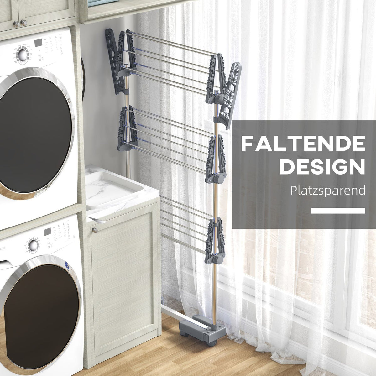 Clothes Dryer Tower Clothes Airer With Wheels, 3 Levels, Foldable Stand Dryer With Side Wings, Laundry Tower For Indoor, Outdoor, Steel Grey