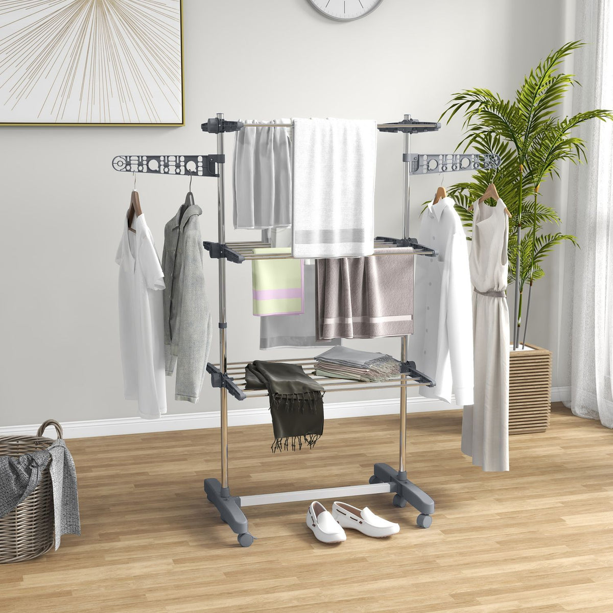 Clothes Dryer Tower Clothes Airer With Wheels, 3 Levels, Foldable Stand Dryer With Side Wings, Laundry Tower For Indoor, Outdoor, Steel Grey