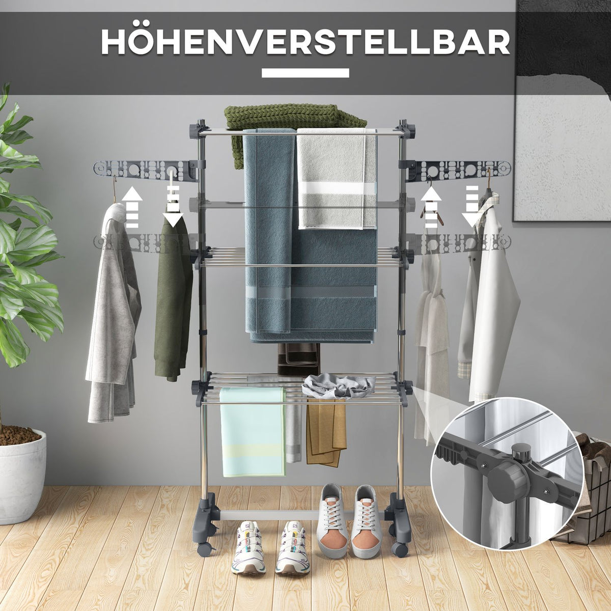 Clothes Dryer Tower Clothes Airer With Wheels, 3 Levels, Foldable Stand Dryer With Side Wings, Laundry Tower For Indoor, Outdoor, Steel Grey