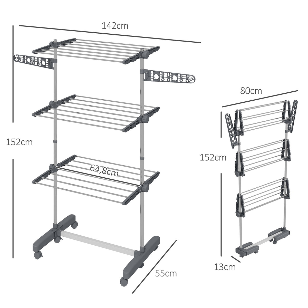 Clothes Dryer Tower Clothes Airer With Wheels, 3 Levels, Foldable Stand Dryer With Side Wings, Laundry Tower For Indoor, Outdoor, Steel Grey