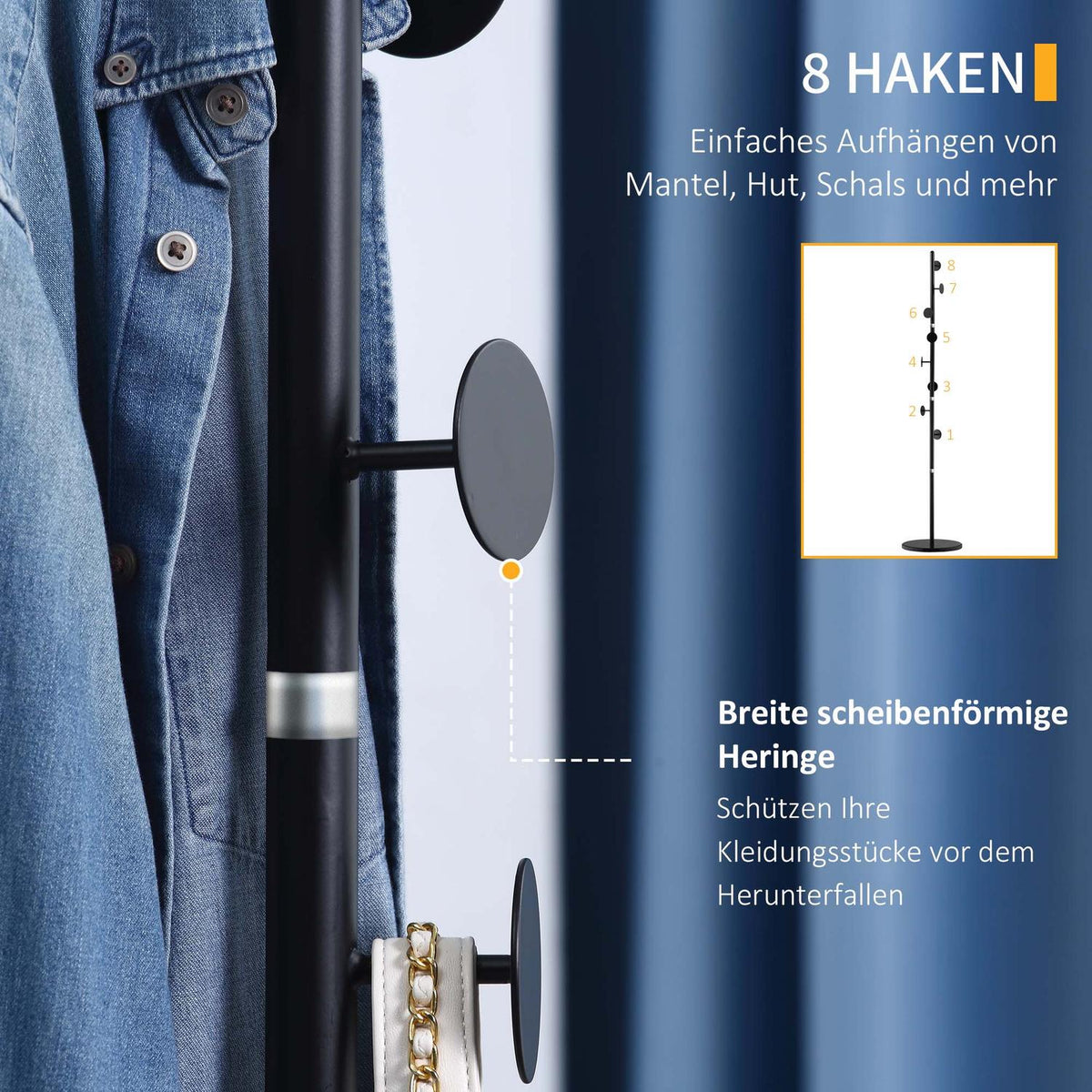 Clothes Rack, Coat Rack with 8 Hooks, Coat Rack for Clothes, Hats, Hallway, Entrance, Steel, Black, 35x 35 x 170 cm