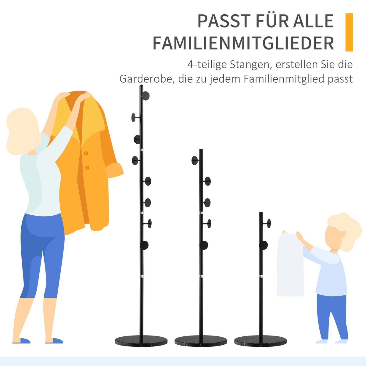 Clothes Rack, Coat Rack with 8 Hooks, Coat Rack for Clothes, Hats, Hallway, Entrance, Steel, Black, 35x 35 x 170 cm
