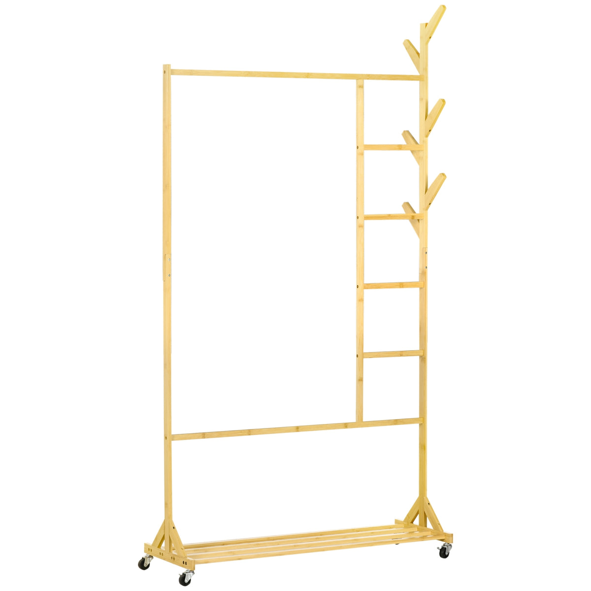 Clothes Rack With Hooks, Hanging Rail And Shelf, On Wheels, Made Of Bamboo, Natural