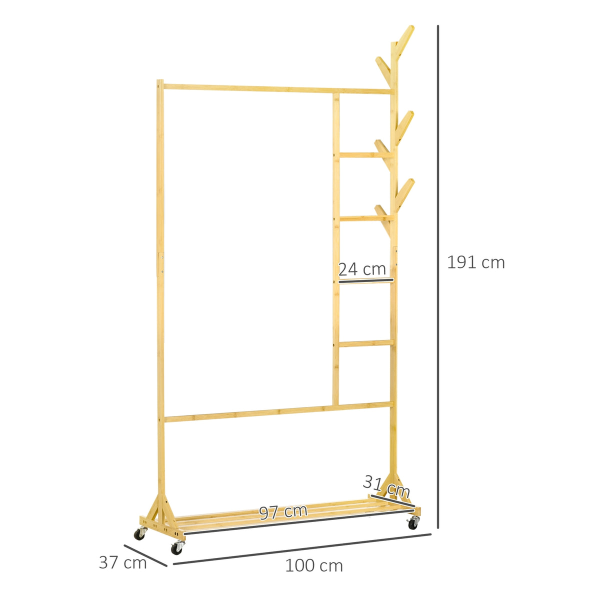 Clothes Rack With Hooks, Hanging Rail And Shelf, On Wheels, Made Of Bamboo, Natural