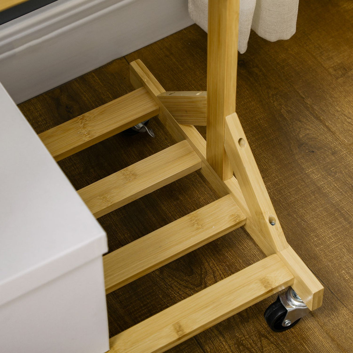 Clothes Rack With Hooks, Hanging Rail And Shelf, On Wheels, Made Of Bamboo, Natural
