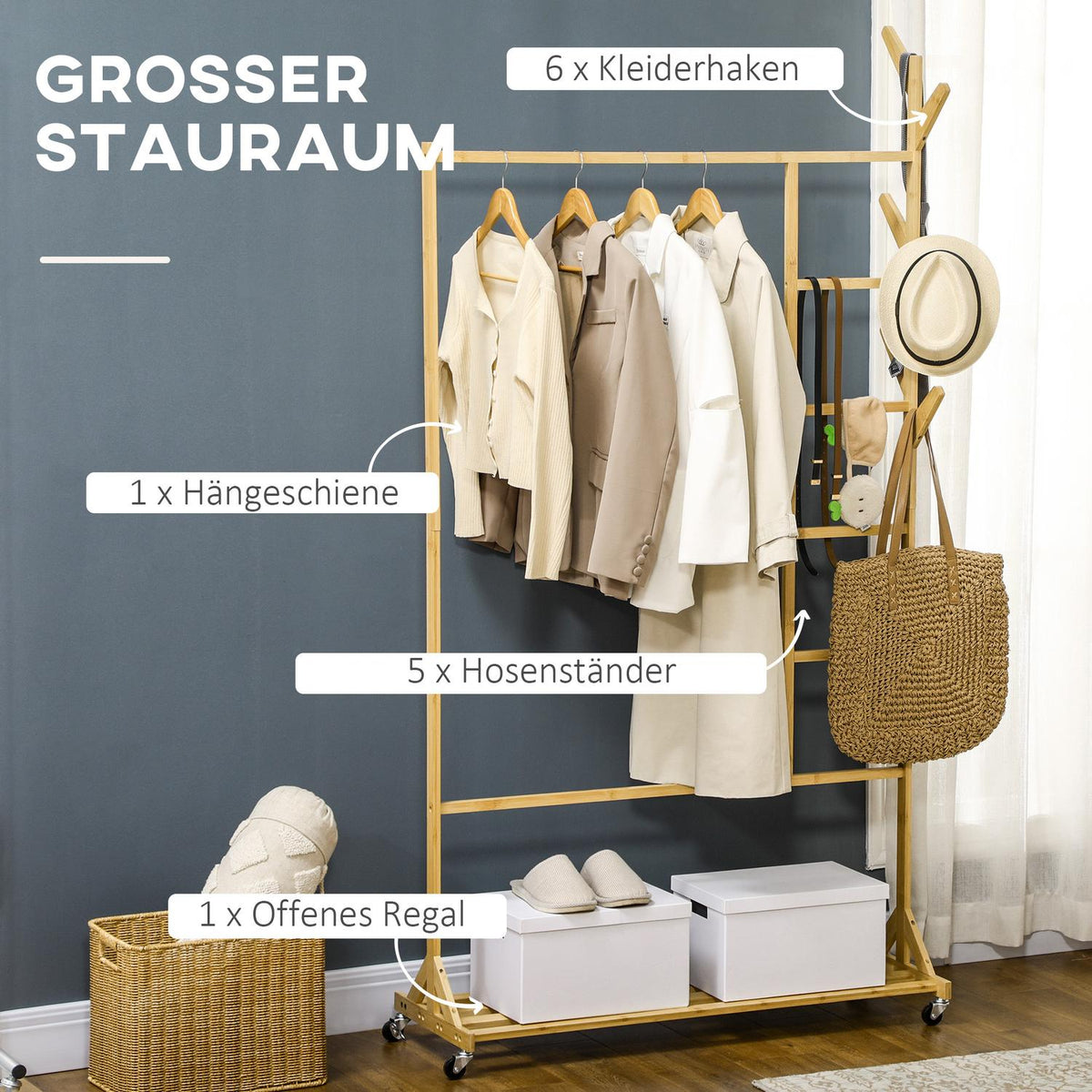 Clothes Rack With Hooks, Hanging Rail And Shelf, On Wheels, Made Of Bamboo, Natural