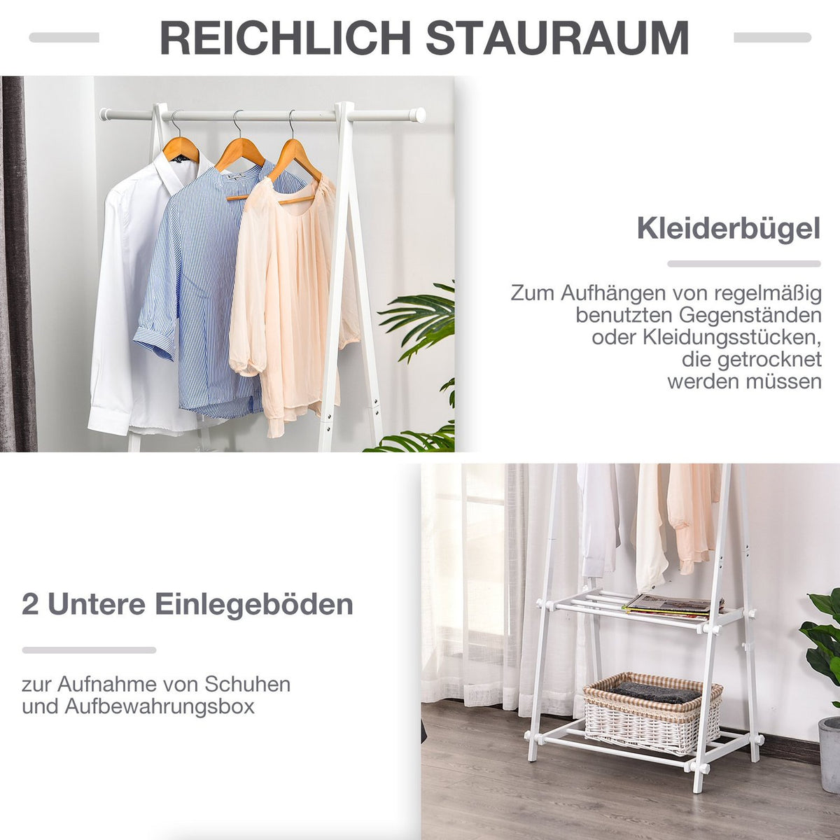 Clothes Rack With Shoe Rack, Coat Rack, Steel, White, 107.5X45X150Cm