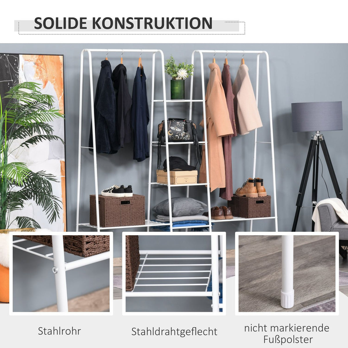 Clothes Rack With Shoe Rack, Free-Standing Clothes Rail, Coat Rack, Steel, White, 176X47X177Cm