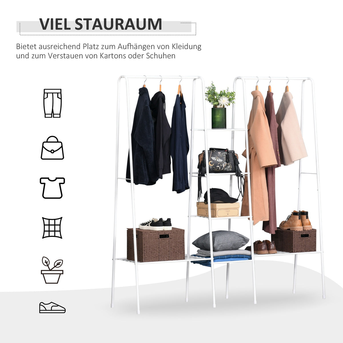 Clothes Rack With Shoe Rack, Free-Standing Clothes Rail, Coat Rack, Steel, White, 176X47X177Cm