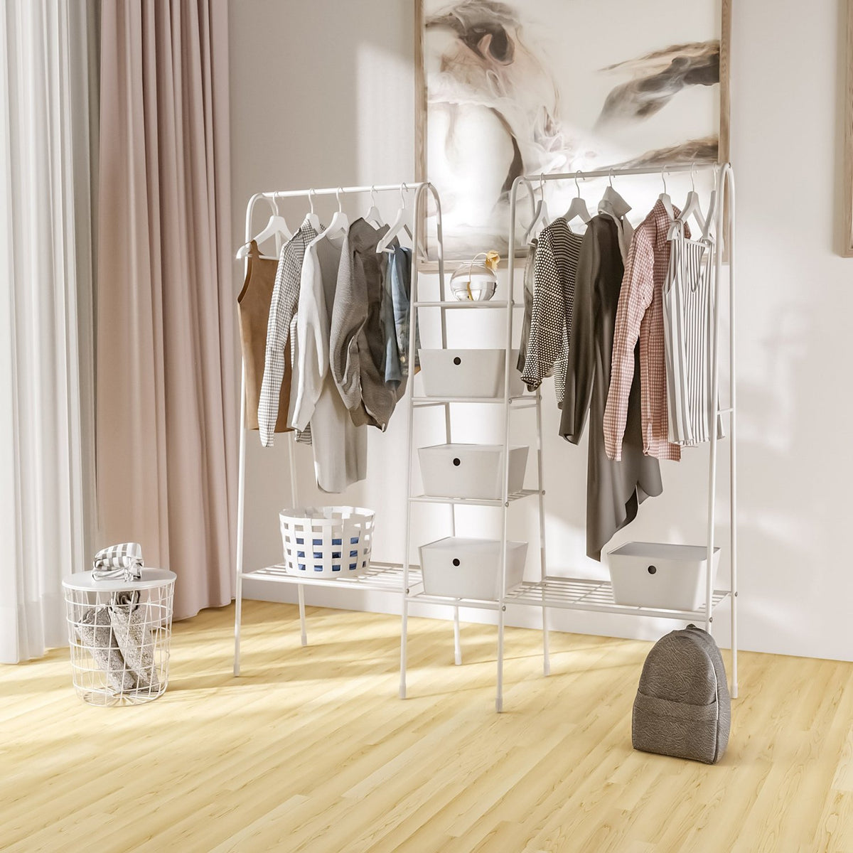 Clothes Rack With Shoe Rack, Free-Standing Clothes Rail, Coat Rack, Steel, White, 176X47X177Cm