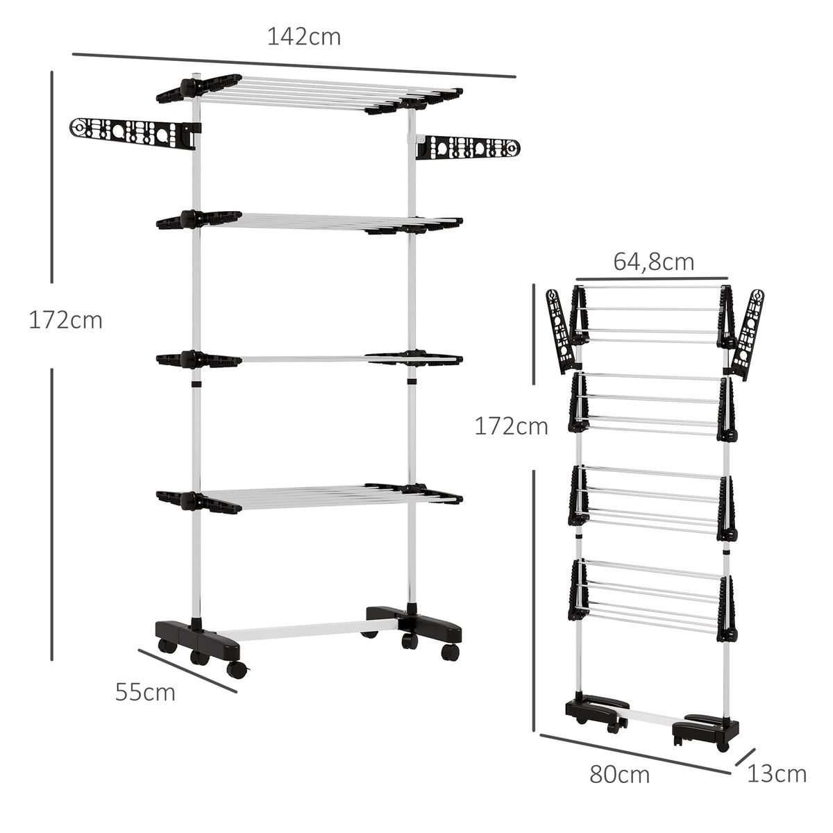 Clothes airer with wheels, clothes dryer tower, stand dryer with folding wing, laundry tower for indoor, outdoor, steel 142 x 55 x 172 cm, black