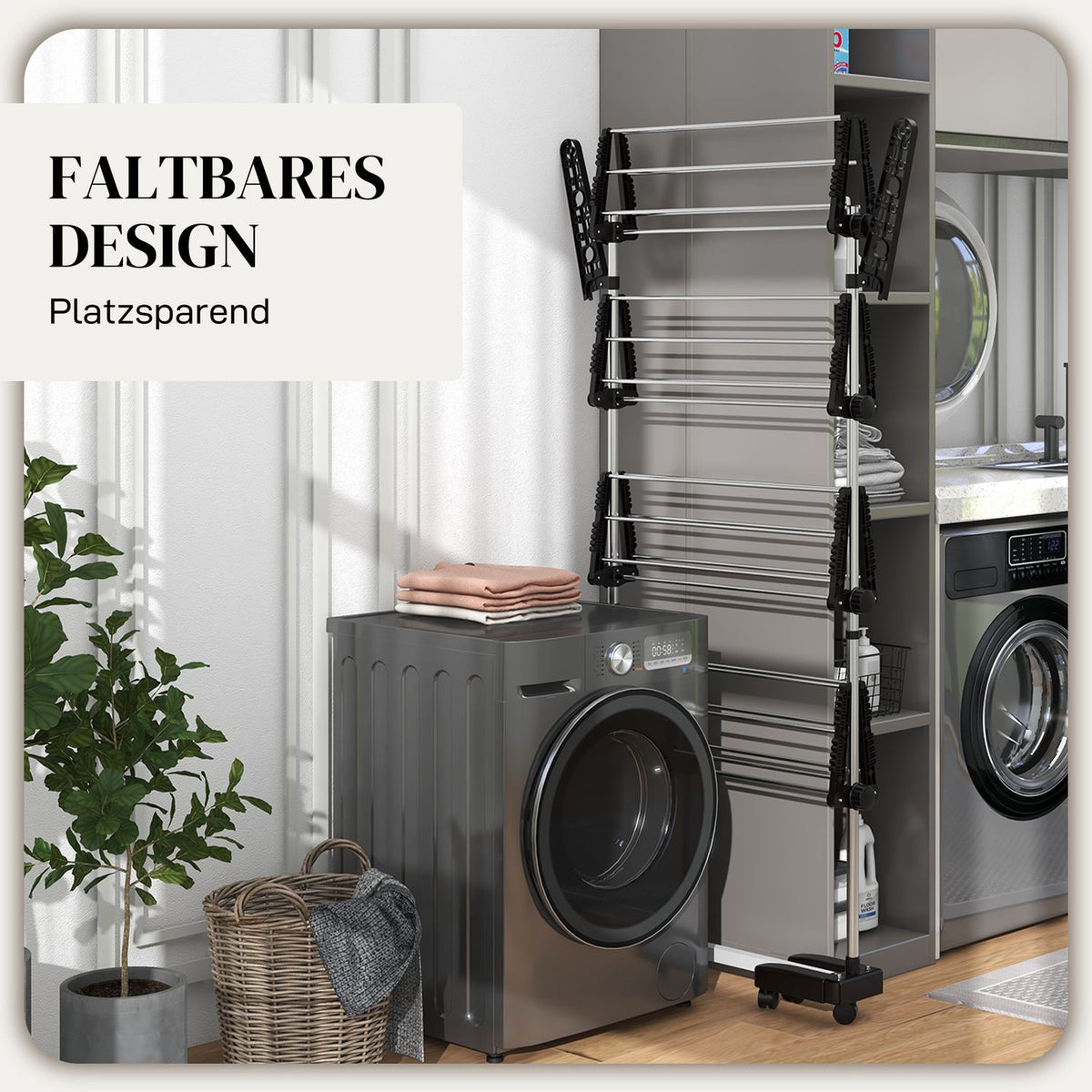Clothes airer with wheels, clothes dryer tower, stand dryer with folding wing, laundry tower for indoor, outdoor, steel 142 x 55 x 172 cm, black