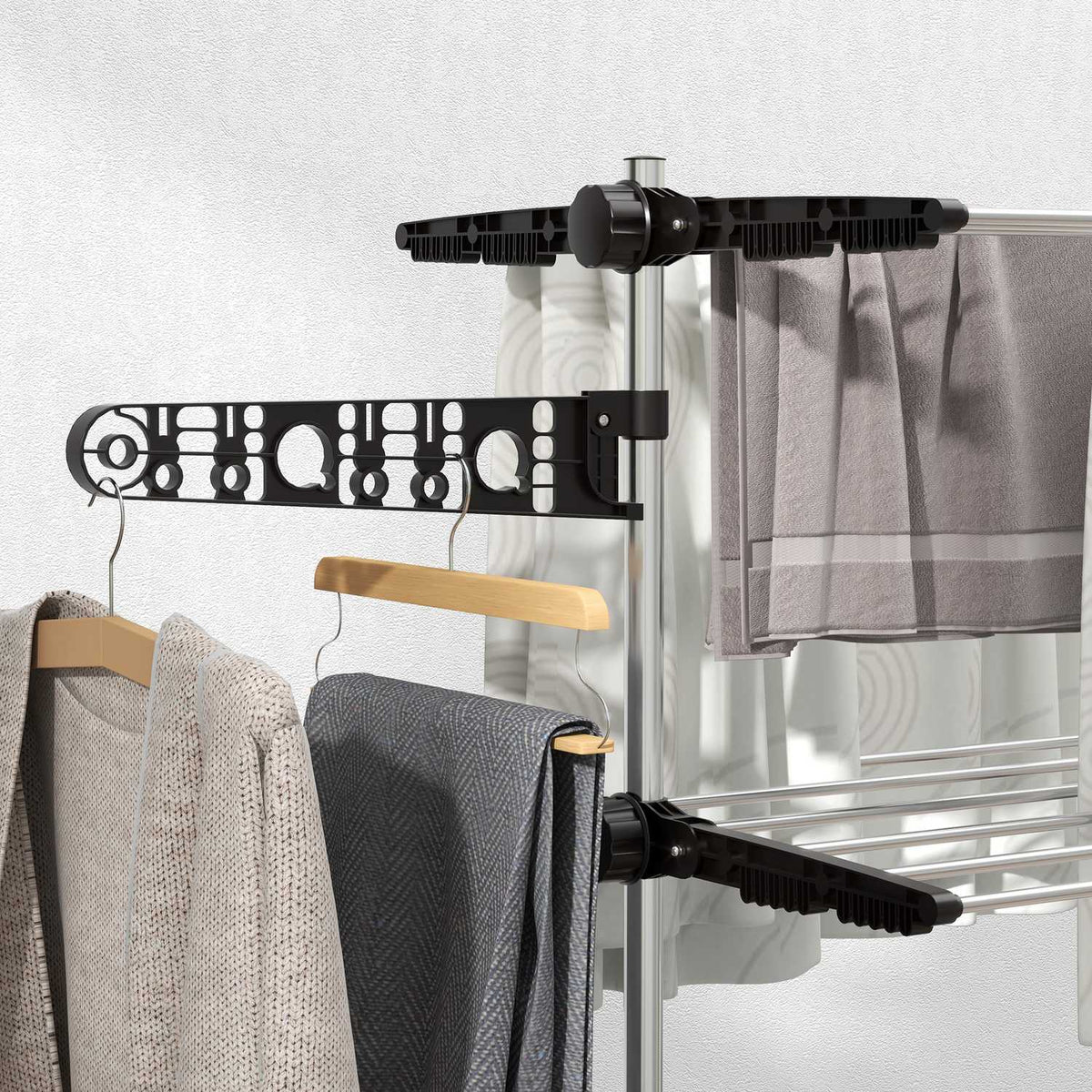 Clothes airer with wheels, clothes dryer tower, stand dryer with folding wing, laundry tower for indoor, outdoor, steel 142 x 55 x 172 cm, black
